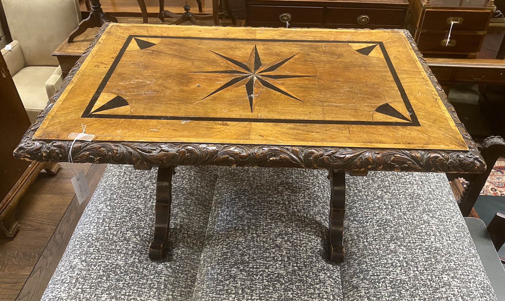 A Victorian rectangular parquetry inlaid walnut low occasional table, adapted, width 93cm, depth 61cm, height 43cm